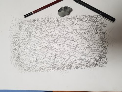 Pencil drawing of hexagonal Truchet pattern