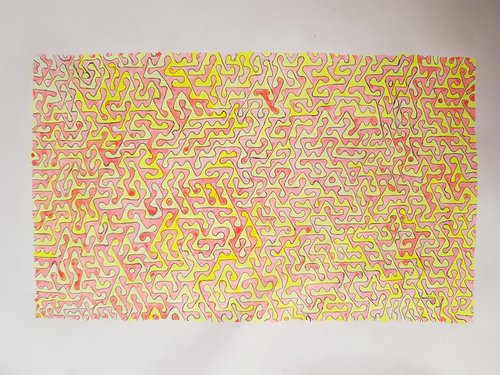 Red and yellow painting of hexagonal Truchet pattern