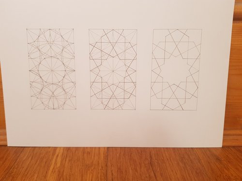 Tryptych sketch in pencil of larger scale hex pattern