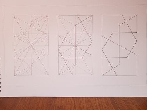 Tryptych sketch in pencil of smaller scale hex pattern