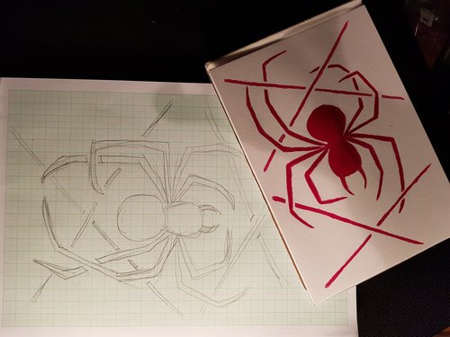 Design on paper, and initial painting of red blue spider