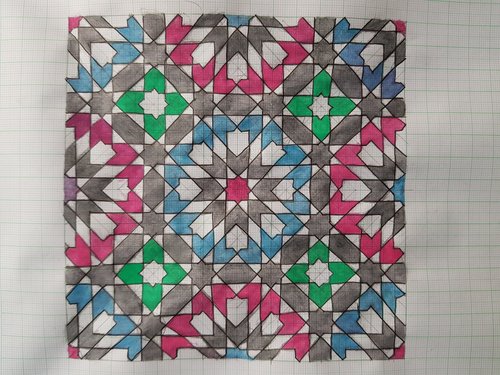 Sketch of red, blue, green, and black zellij pattern